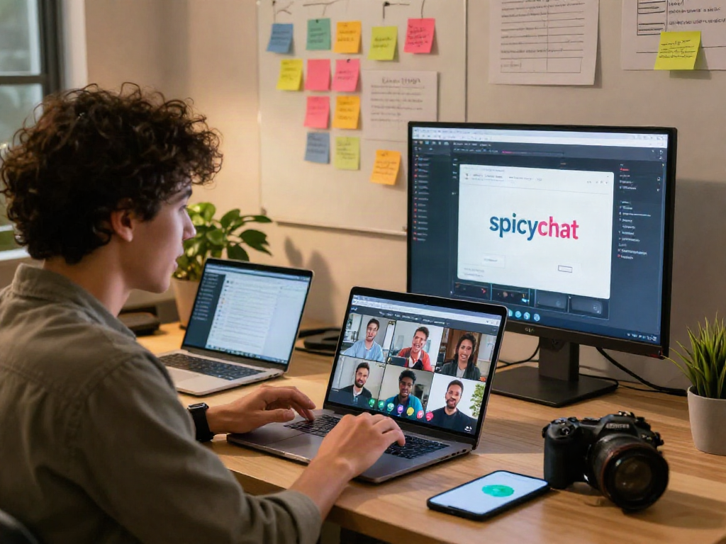 Engaging spicychat video call scene in a vibrant workspace.