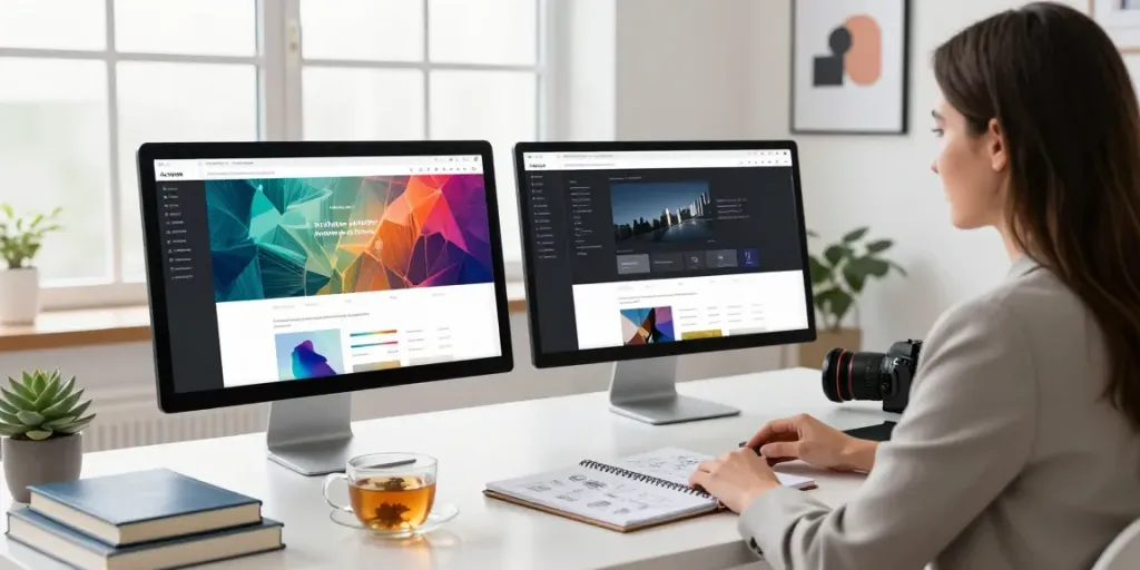 Creating a webpage design with vibrant layout and coding tools at a modern workspace.
