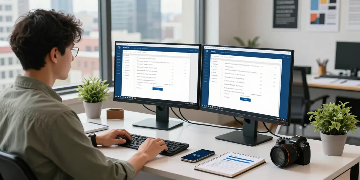Engaging urban workspace for uk number lookup featuring dual monitors and a professional in action.
