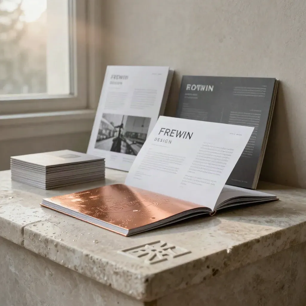 Brand materials on pale stone with copper accents and empty plaster space.