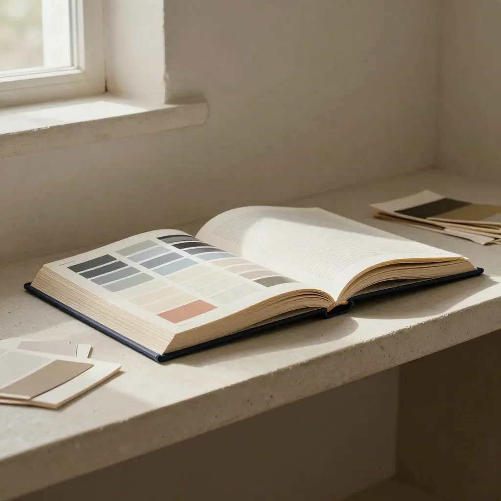 Open brand guidelines binder with tabs, swatches and samples on a plaster shelf in soft studio light.