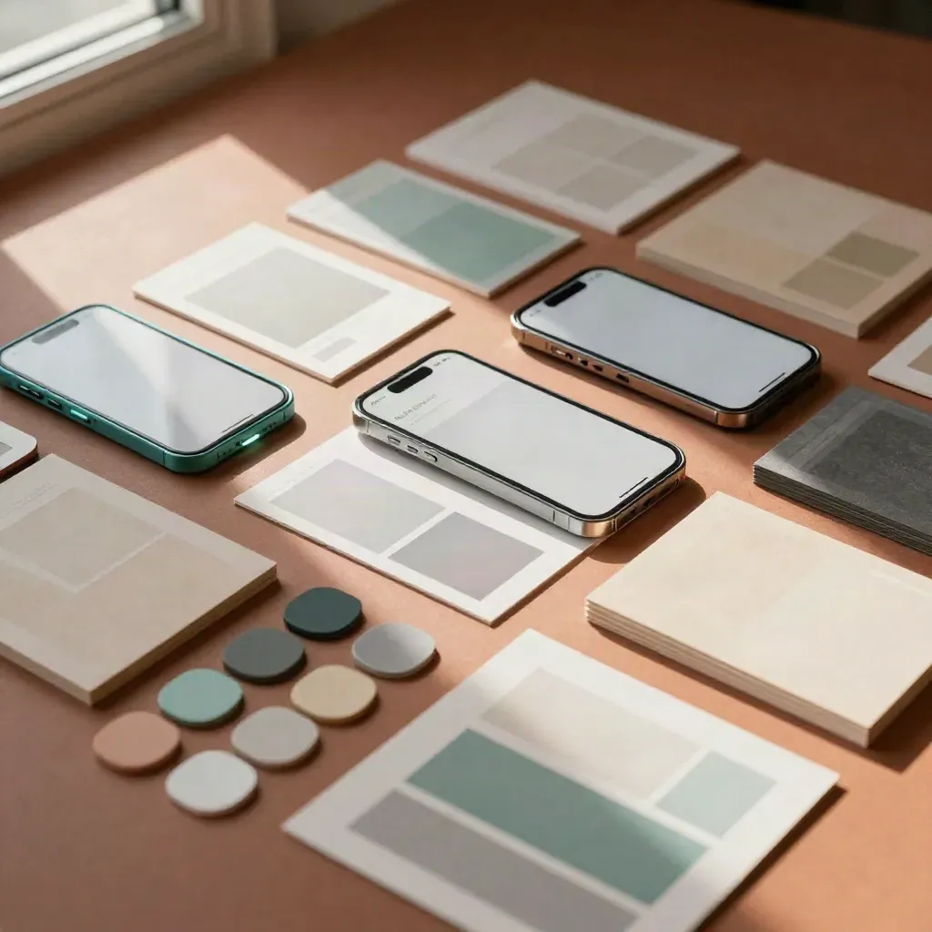 Overhead flatlay of social media template cards, teal acrylic frames and colour chips on terracotta plaster.