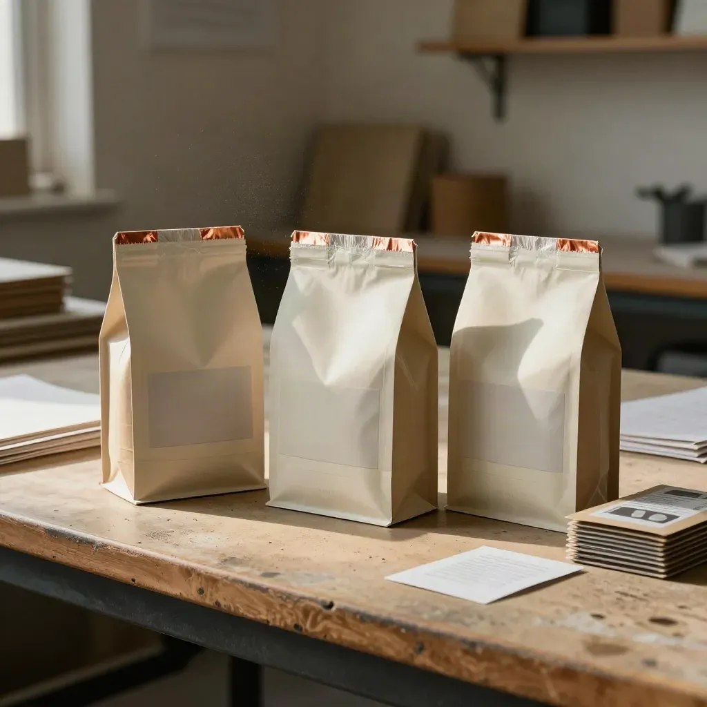 Three tea pack mockups with label proofs and shrink-wrap sleeves on a packing bench.