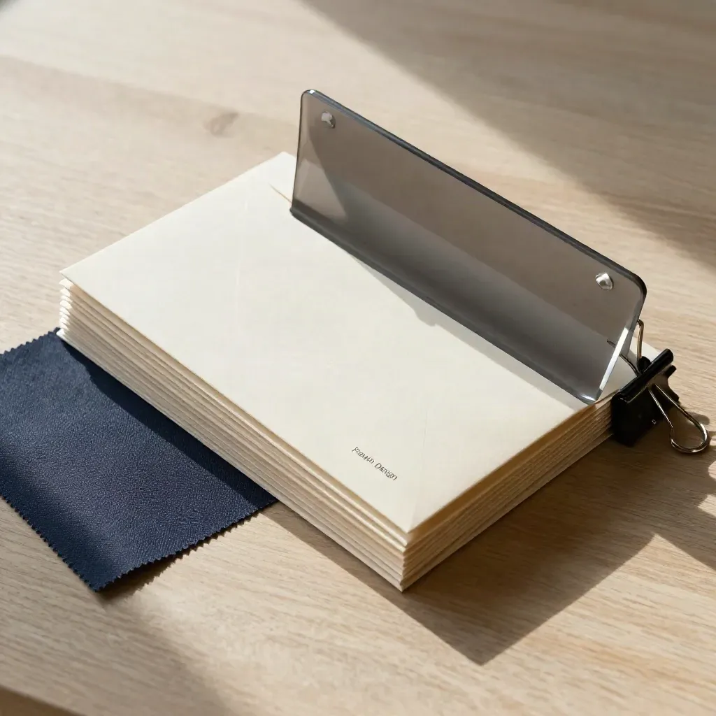 Overhead view of cream sample envelopes, navy swatch, acetate sleeve and clip on pale wood.