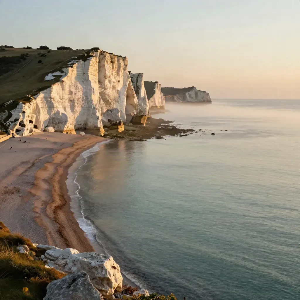 Golden chalk cliffs above a misty South East England coast at sunset