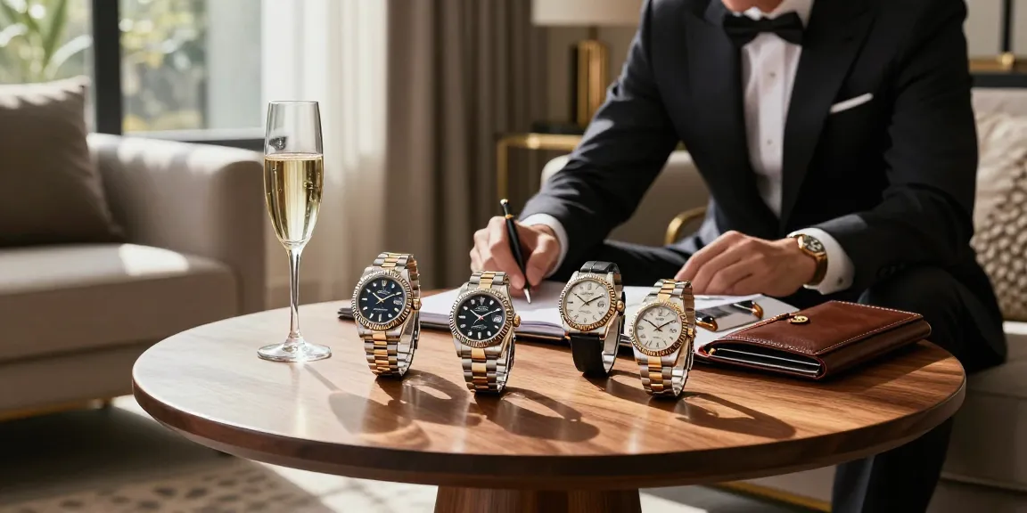 Admiring Rolex replica watches in an elegant setting, showcasing craftsmanship.