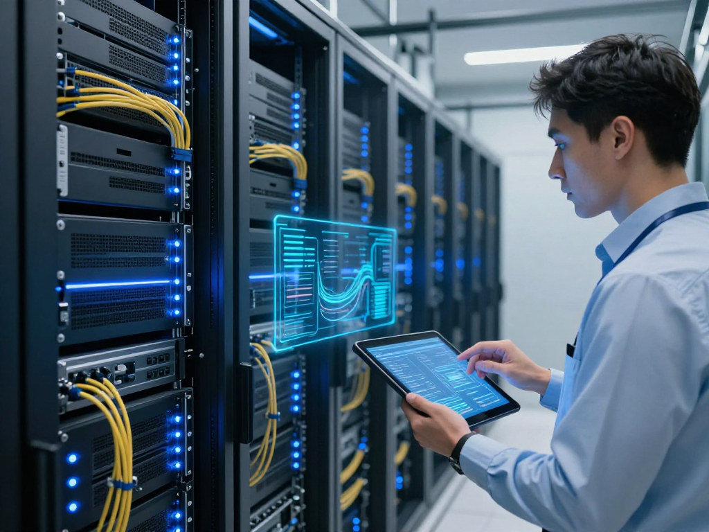UK IPTV infrastructure in a modern data centre with servers, digital monitoring, and cutting-edge technology.